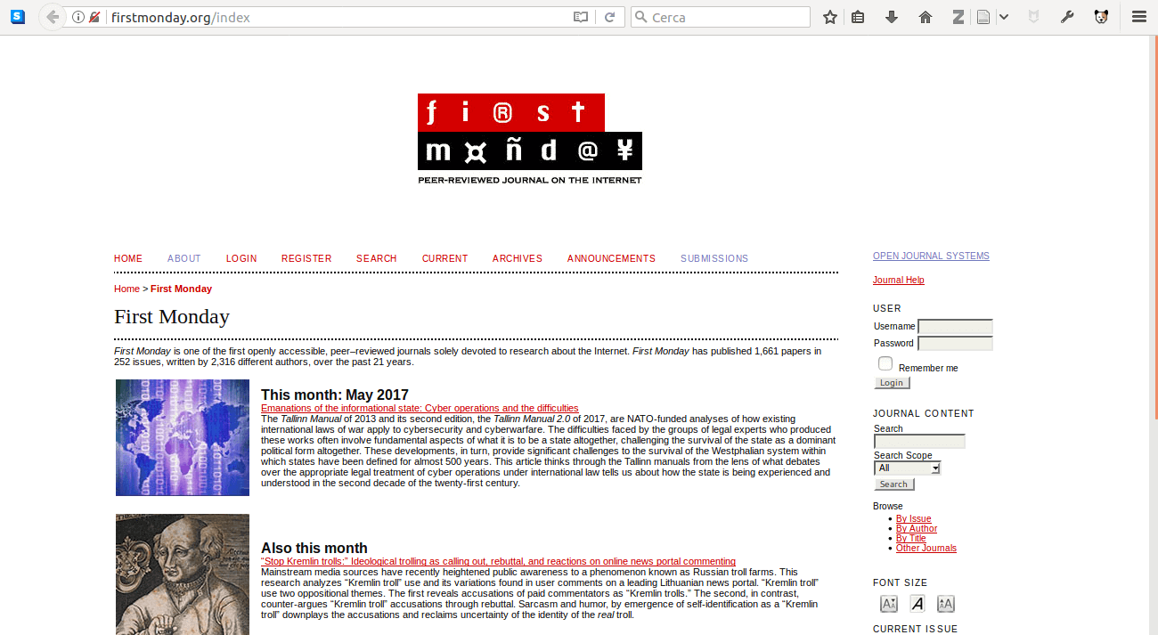 screenshot di First Monday, su OJS